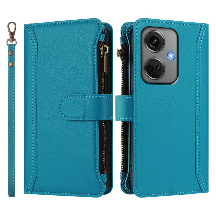 For OnePlus Nord CE3 5G India Magnetic Closure 9 Card Slots Zipper Leather Case with Hand Strap
