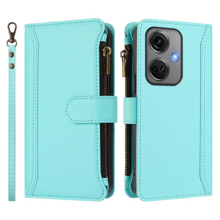 For OnePlus Nord CE3 5G India Magnetic Closure 9 Card Slots Zipper Leather Case with Hand Strap