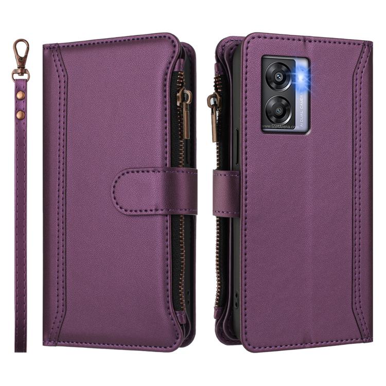 For OnePlus Nord N300 Magnetic Closure 9 Card Slots Zipper Leather Case with Hand Strap