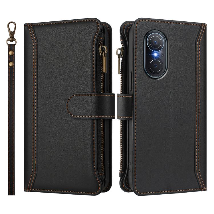 For Honor 50 SE / Huawei nova 9 SE Magnetic Closure 9 Card Slots Zipper Leather Case with Hand Strap