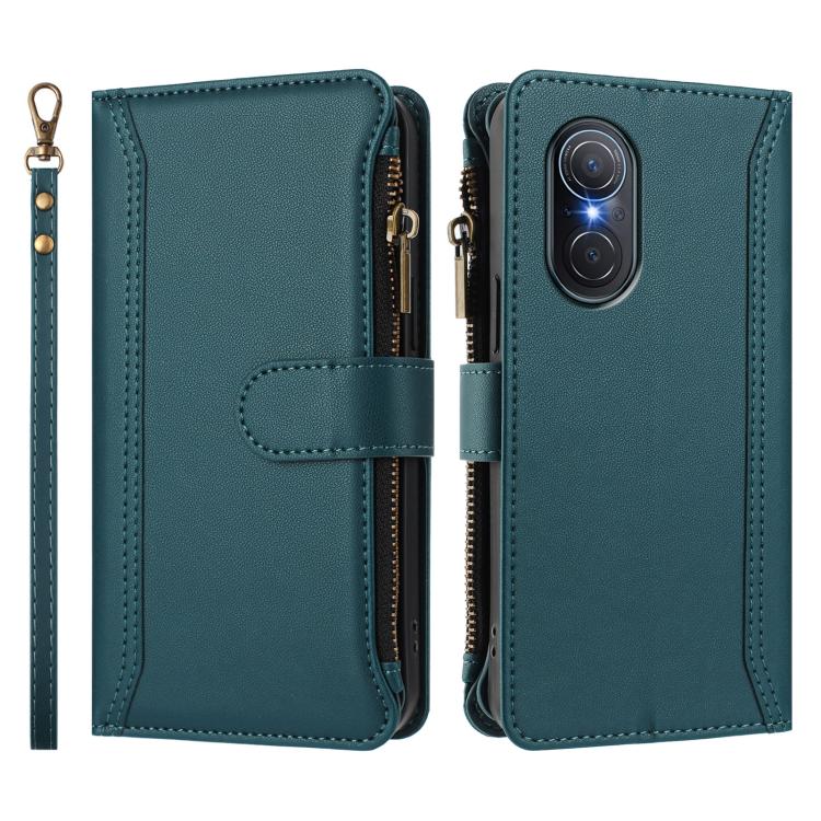 For Honor 50 SE / Huawei nova 9 SE Magnetic Closure 9 Card Slots Zipper Leather Case with Hand Strap