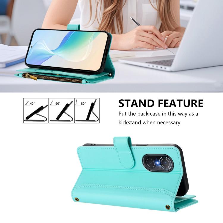 For Honor 50 SE / Huawei nova 9 SE Magnetic Closure 9 Card Slots Zipper Leather Case with Hand Strap