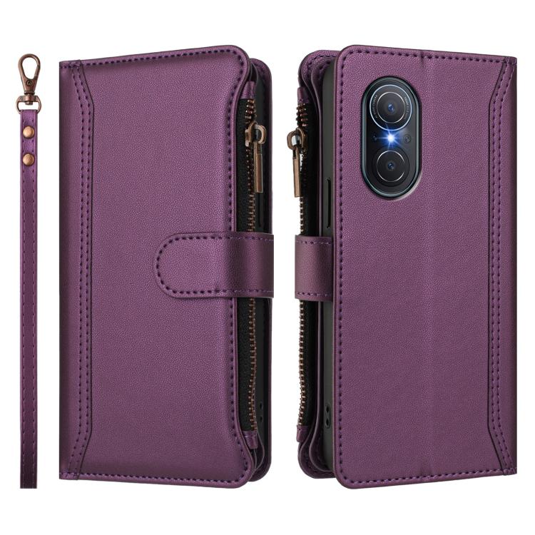 For Honor 50 SE / Huawei nova 9 SE Magnetic Closure 9 Card Slots Zipper Leather Case with Hand Strap