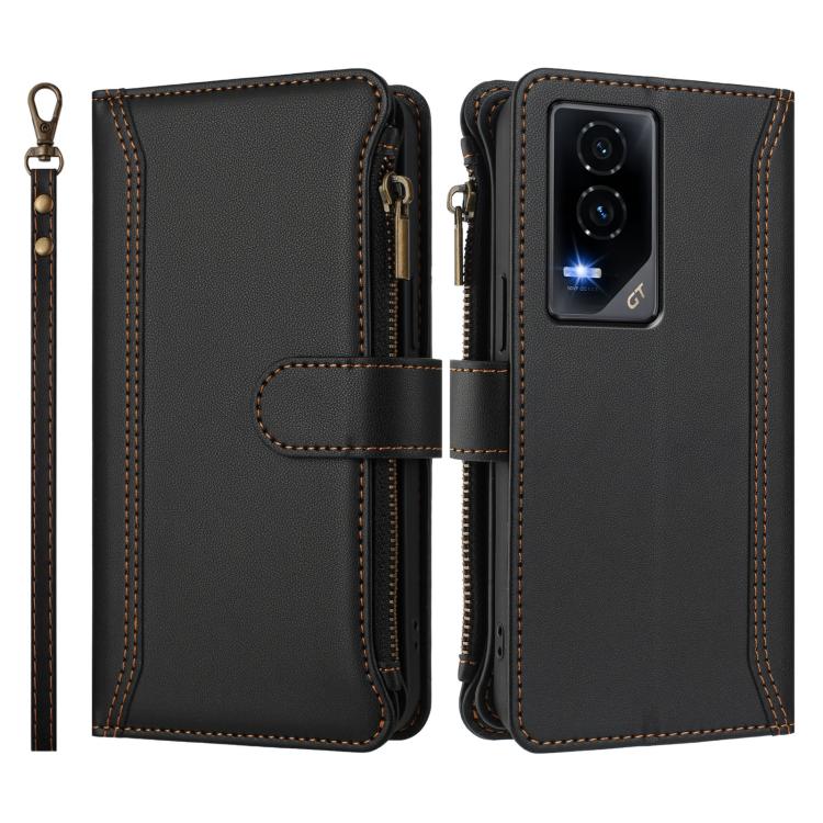 For Honor GT 5G Magnetic Closure 9 Card Slots Zipper Leather Case with Hand Strap