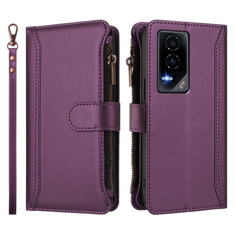 For Honor GT 5G Magnetic Closure 9 Card Slots Zipper Leather Case with Hand Strap