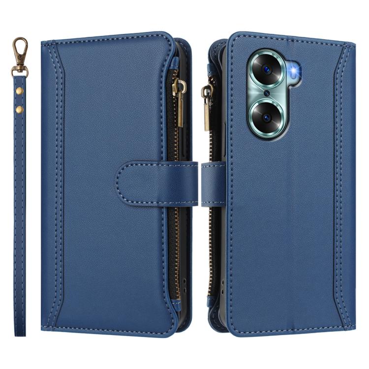 For Honor 60 5G Magnetic Closure 9 Card Slots Zipper Leather Case with Hand Strap