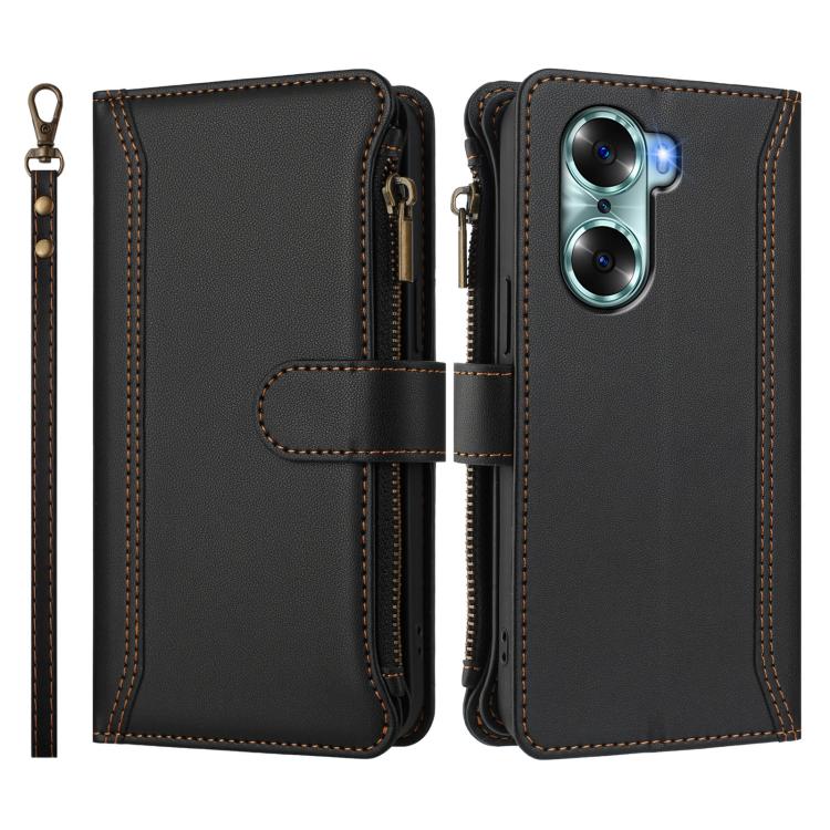 For Honor 60 5G Magnetic Closure 9 Card Slots Zipper Leather Case with Hand Strap