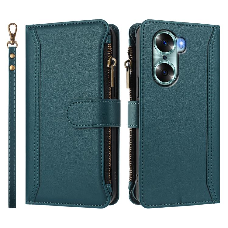 For Honor 60 5G Magnetic Closure 9 Card Slots Zipper Leather Case with Hand Strap