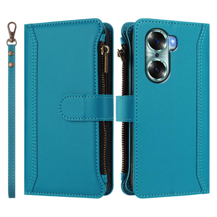 For Honor 60 5G Magnetic Closure 9 Card Slots Zipper Leather Case with Hand Strap