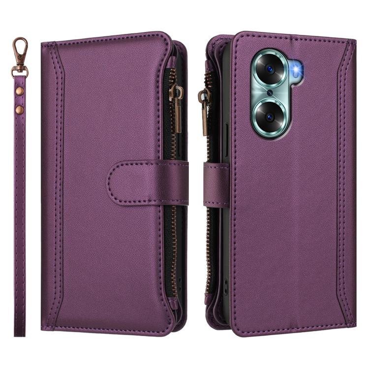For Honor 60 5G Magnetic Closure 9 Card Slots Zipper Leather Case with Hand Strap