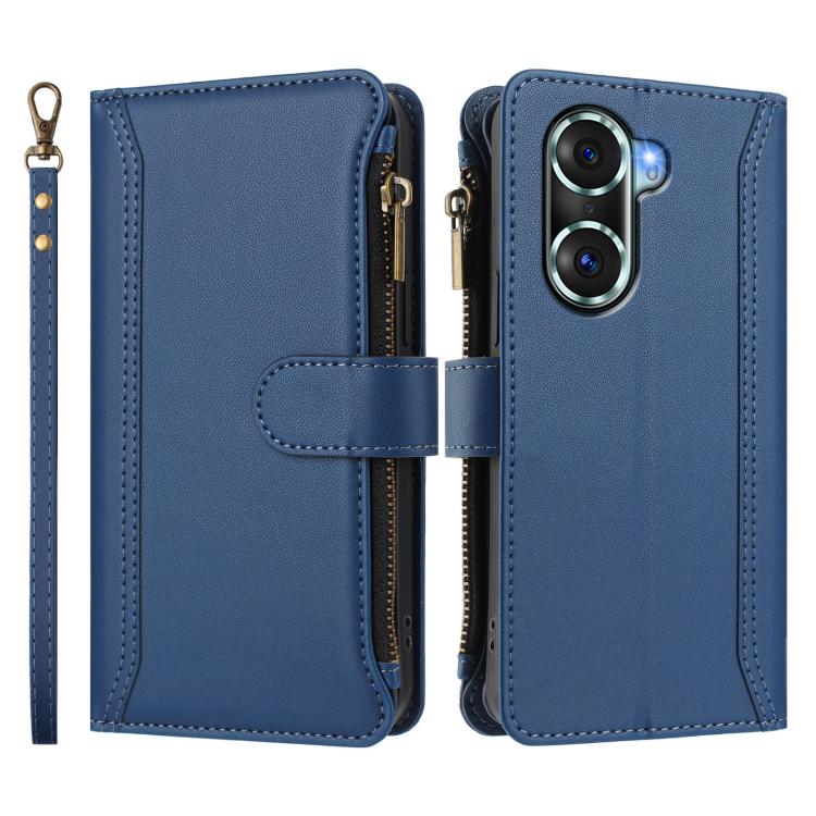 For Honor 60 Pro 5G Magnetic Closure 9 Card Slots Zipper Leather Case with Hand Strap