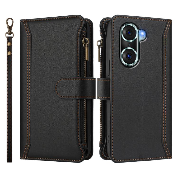 For Honor 60 Pro 5G Magnetic Closure 9 Card Slots Zipper Leather Case with Hand Strap