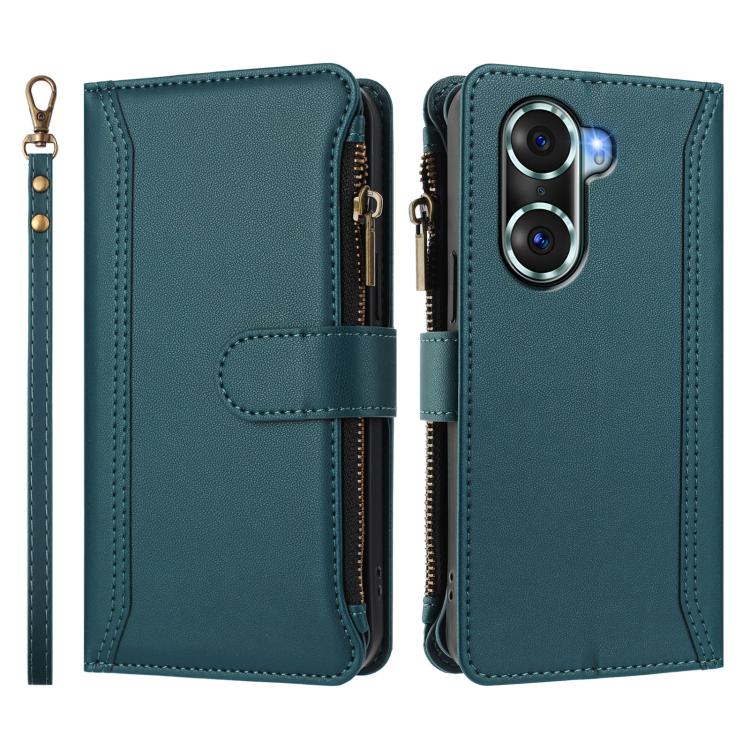 For Honor 60 Pro 5G Magnetic Closure 9 Card Slots Zipper Leather Case with Hand Strap