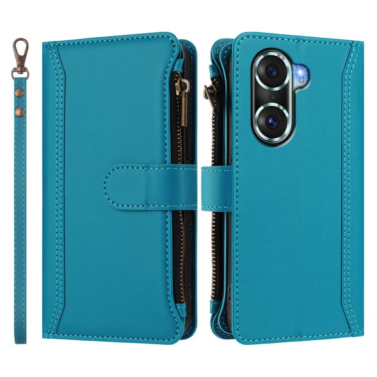For Honor 60 Pro 5G Magnetic Closure 9 Card Slots Zipper Leather Case with Hand Strap
