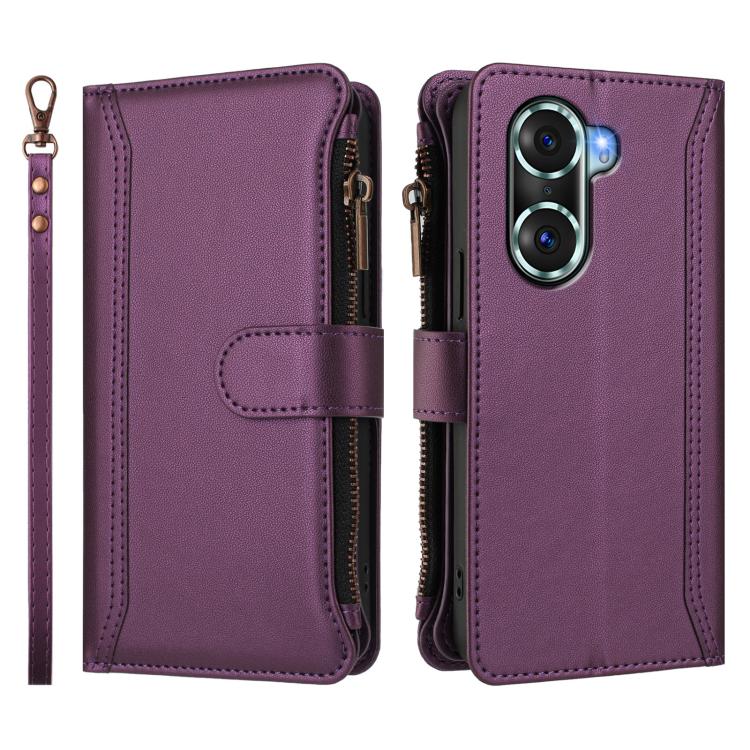 For Honor 60 Pro 5G Magnetic Closure 9 Card Slots Zipper Leather Case with Hand Strap