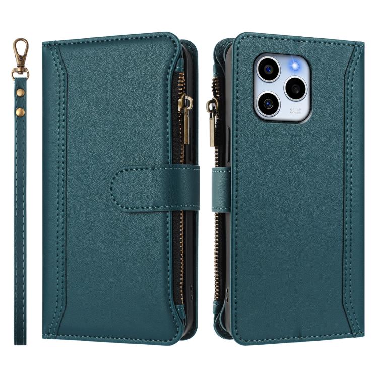 For Honor 60 SE 5G Magnetic Closure 9 Card Slots Zipper Leather Case with Hand Strap
