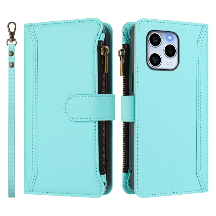 For Honor 60 SE 5G Magnetic Closure 9 Card Slots Zipper Leather Case with Hand Strap