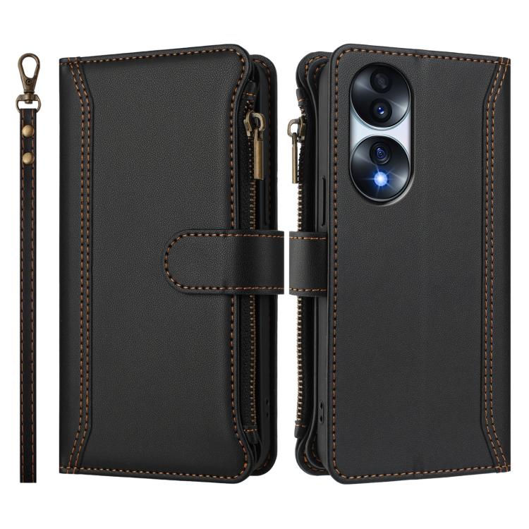 For Honor 70 5G Magnetic Closure 9 Card Slots Zipper Leather Case with Hand Strap