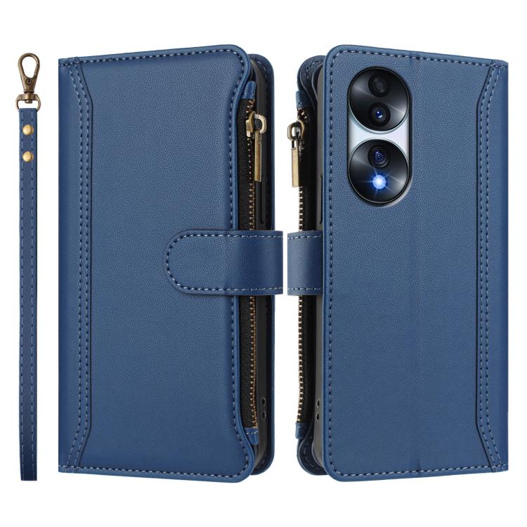 For Honor 70 Pro 5G Magnetic Closure 9 Card Slots Zipper Leather Case with Hand Strap