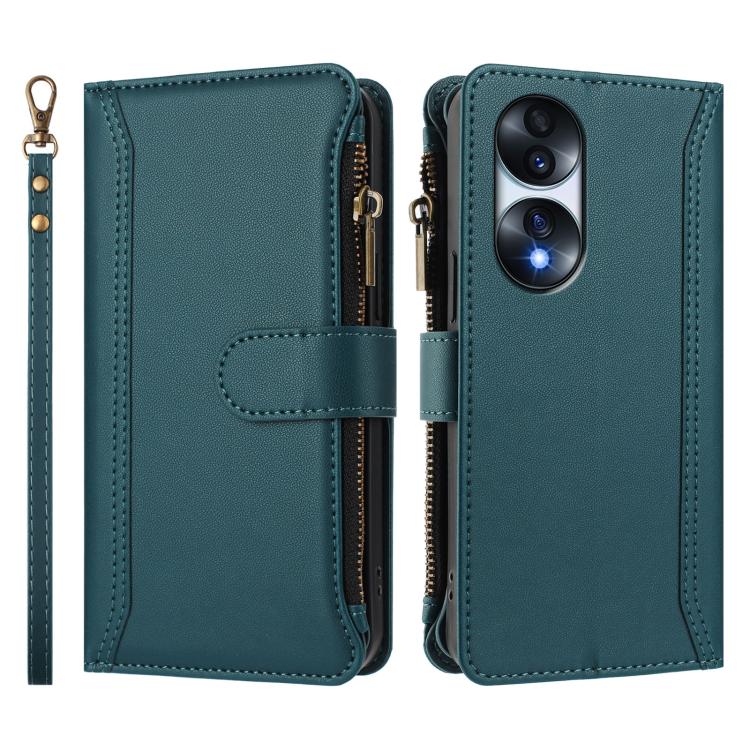 For Honor 70 Pro 5G Magnetic Closure 9 Card Slots Zipper Leather Case with Hand Strap