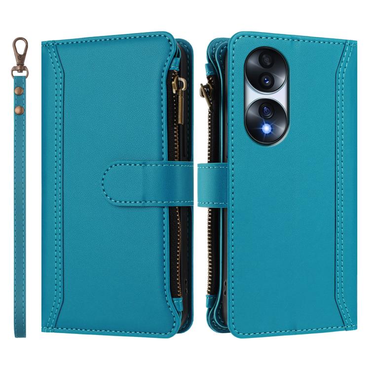 For Honor 70 Pro 5G Magnetic Closure 9 Card Slots Zipper Leather Case with Hand Strap