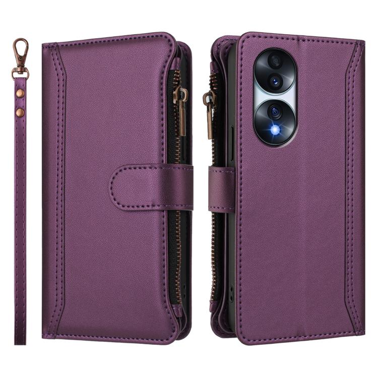 For Honor 70 Pro 5G Magnetic Closure 9 Card Slots Zipper Leather Case with Hand Strap