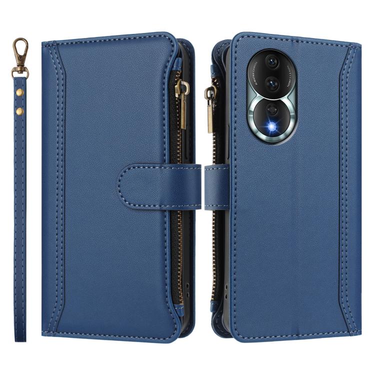 For Honor 80 5G Magnetic Closure 9 Card Slots Zipper Leather Case with Hand Strap