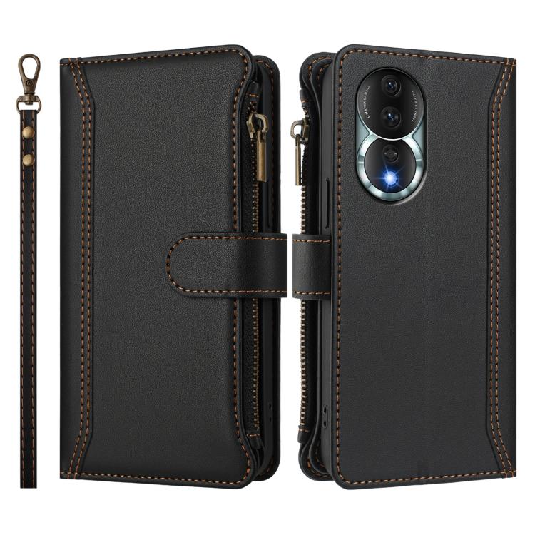 For Honor 80 5G Magnetic Closure 9 Card Slots Zipper Leather Case with Hand Strap