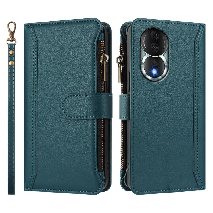 For Honor 80 5G Magnetic Closure 9 Card Slots Zipper Leather Case with Hand Strap