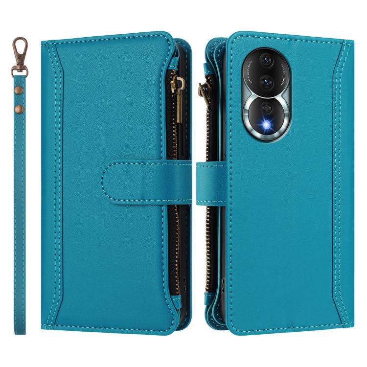 For Honor 80 5G Magnetic Closure 9 Card Slots Zipper Leather Case with Hand Strap