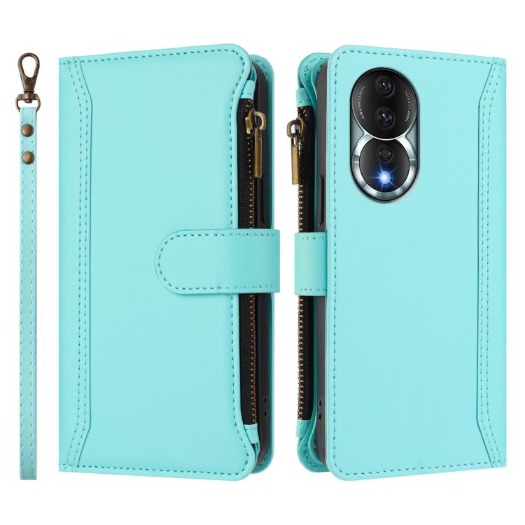 For Honor 80 5G Magnetic Closure 9 Card Slots Zipper Leather Case with Hand Strap