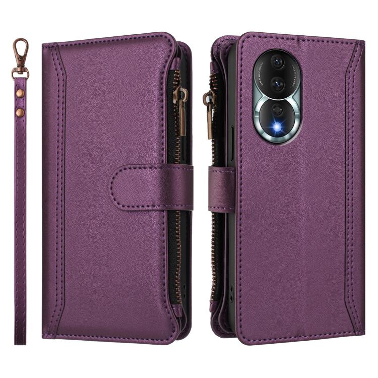 For Honor 80 5G Magnetic Closure 9 Card Slots Zipper Leather Case with Hand Strap