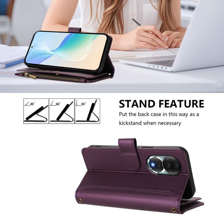 For Honor 80 5G Magnetic Closure 9 Card Slots Zipper Leather Case with Hand Strap
