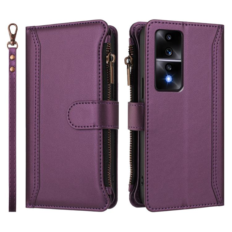 For Honor 80 GT 5G Magnetic Closure 9 Card Slots Zipper Leather Case with Hand Strap