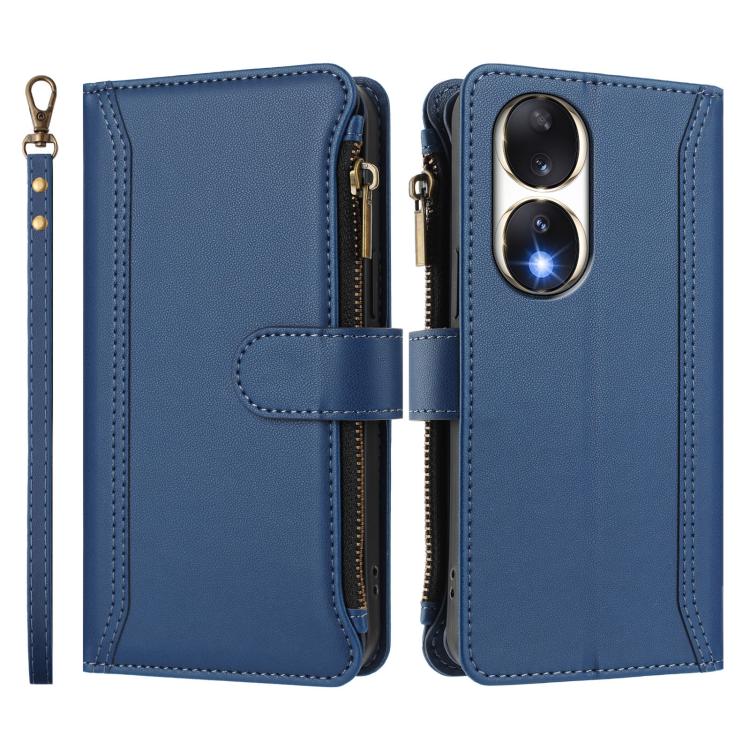 For Honor 90 5G Magnetic Closure 9 Card Slots Zipper Leather Case with Hand Strap