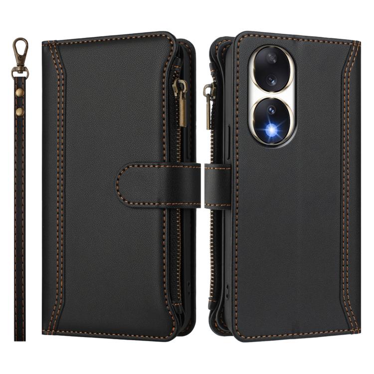 For Honor 90 5G Magnetic Closure 9 Card Slots Zipper Leather Case with Hand Strap