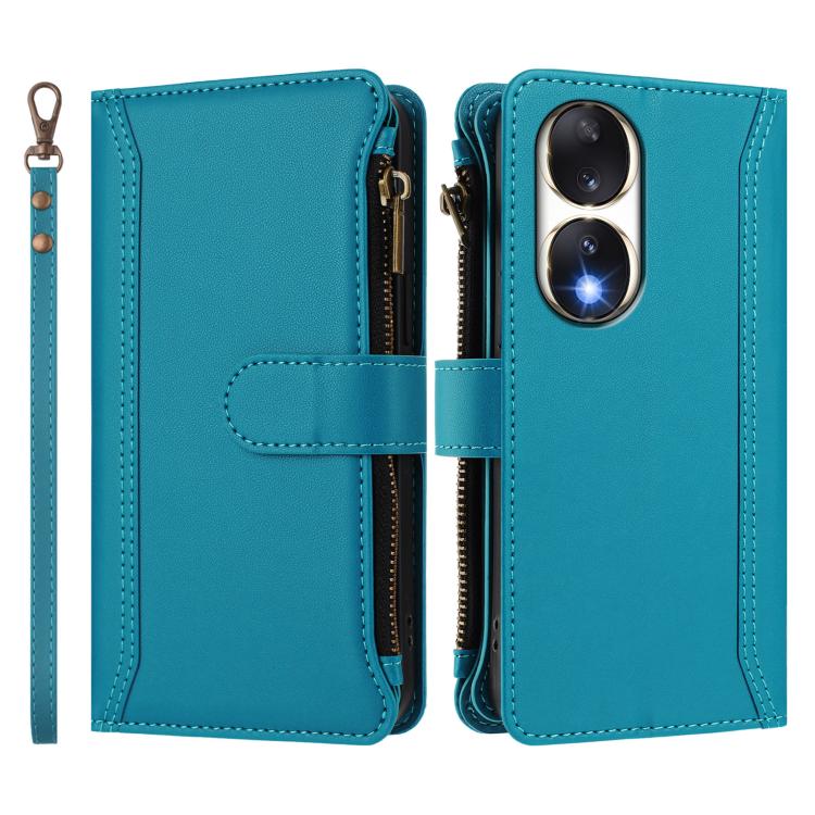 For Honor 90 5G Magnetic Closure 9 Card Slots Zipper Leather Case with Hand Strap