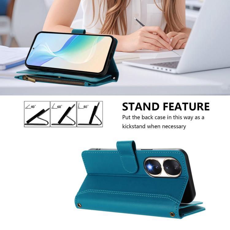 For Honor 90 5G Magnetic Closure 9 Card Slots Zipper Leather Case with Hand Strap