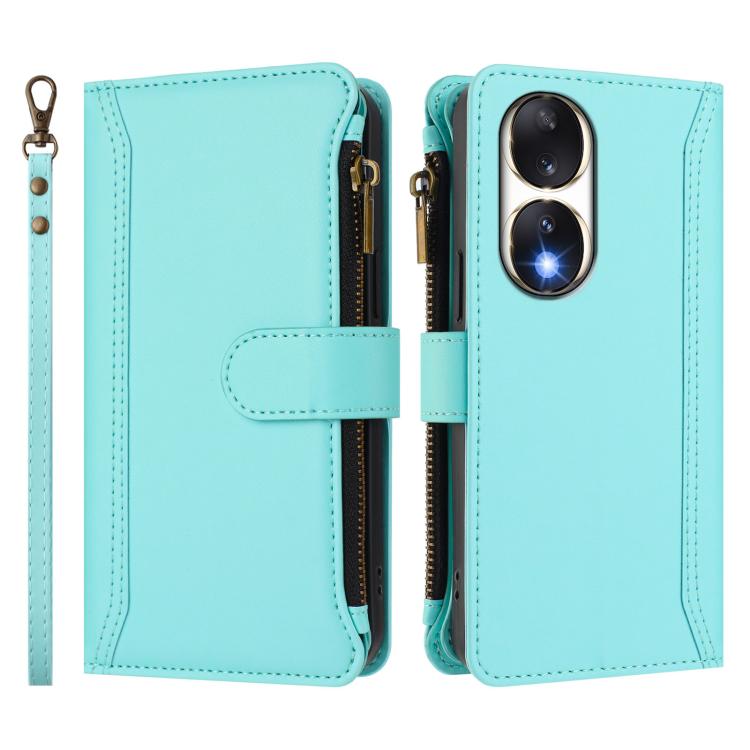 For Honor 90 5G Magnetic Closure 9 Card Slots Zipper Leather Case with Hand Strap