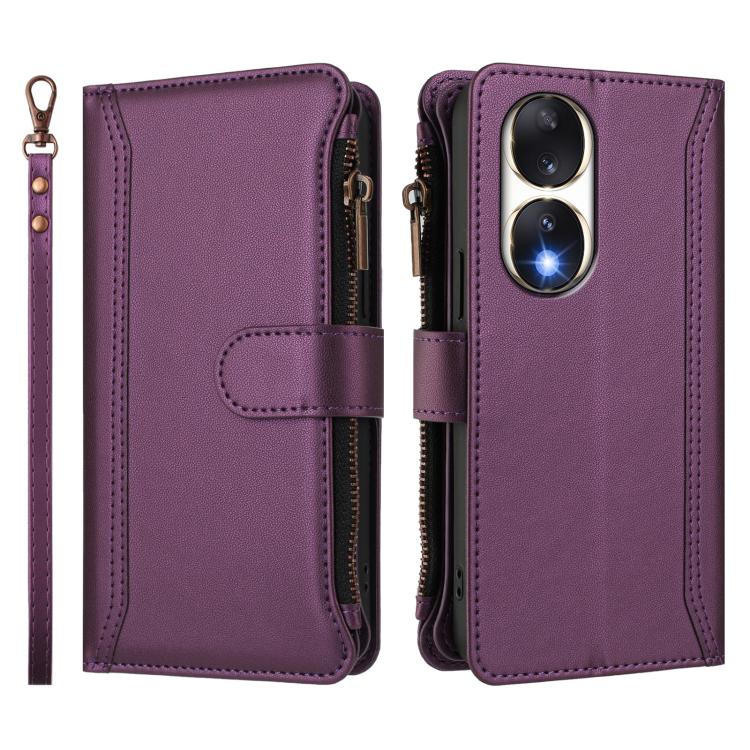 For Honor 90 5G Magnetic Closure 9 Card Slots Zipper Leather Case with Hand Strap