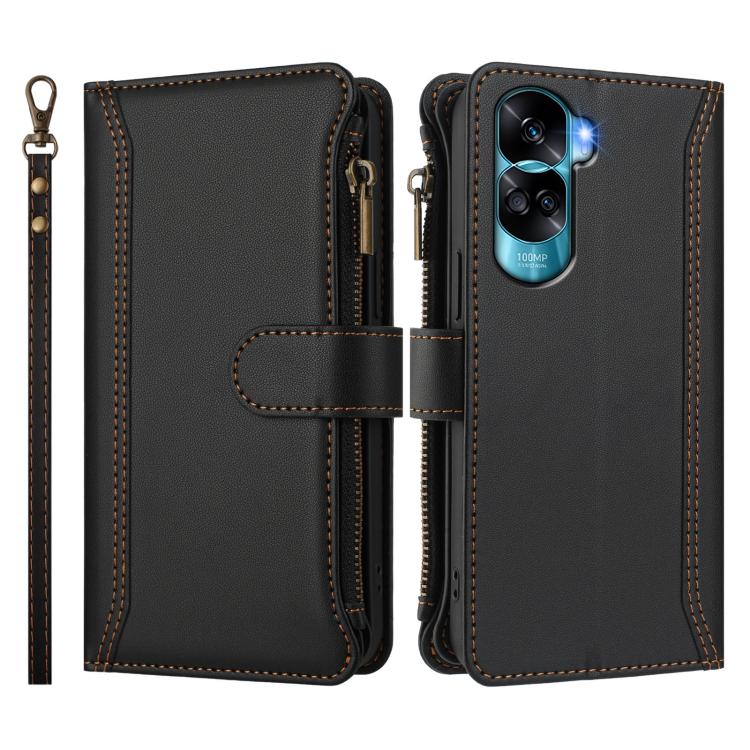 For Honor 90 Lite 5G / X50i 5G Magnetic Closure 9 Card Slots Zipper Leather Case with Hand Strap
