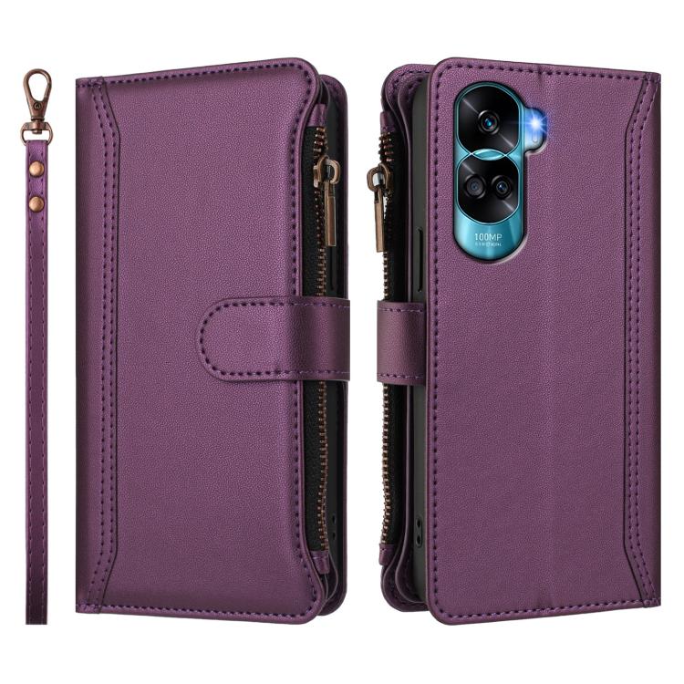 For Honor 90 Lite 5G / X50i 5G Magnetic Closure 9 Card Slots Zipper Leather Case with Hand Strap