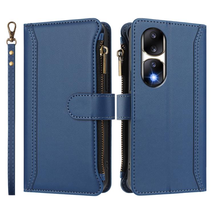 For Honor 90 Pro 5G Magnetic Closure 9 Card Slots Zipper Leather Case with Hand Strap