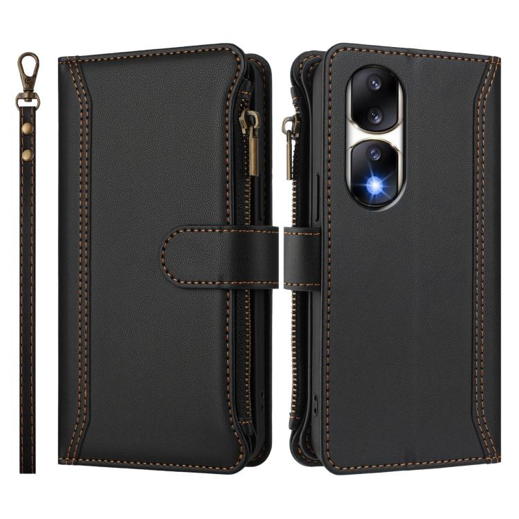 For Honor 90 Pro 5G Magnetic Closure 9 Card Slots Zipper Leather Case with Hand Strap