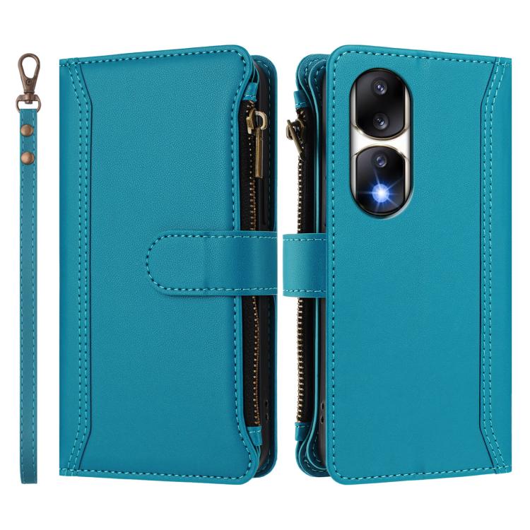 For Honor 90 Pro 5G Magnetic Closure 9 Card Slots Zipper Leather Case with Hand Strap