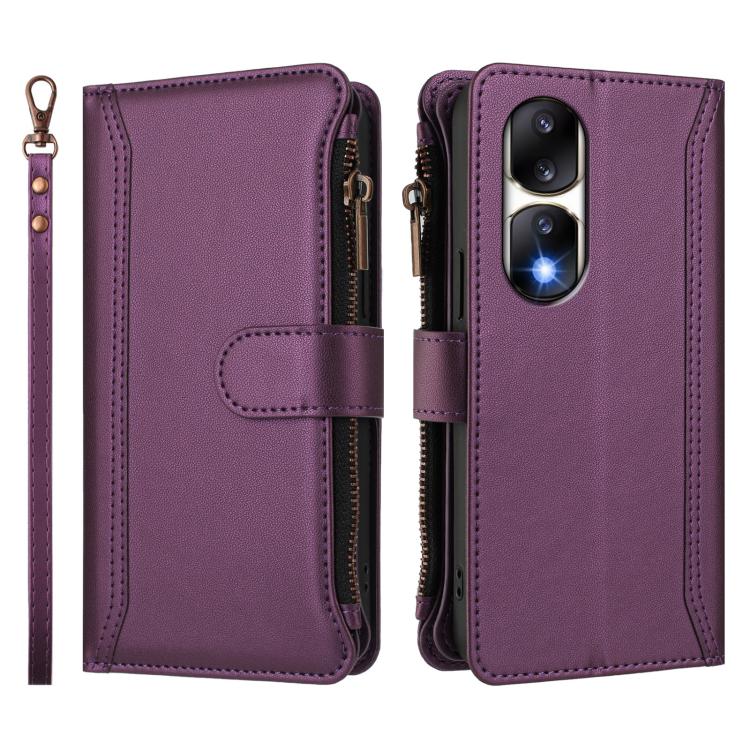 For Honor 90 Pro 5G Magnetic Closure 9 Card Slots Zipper Leather Case with Hand Strap