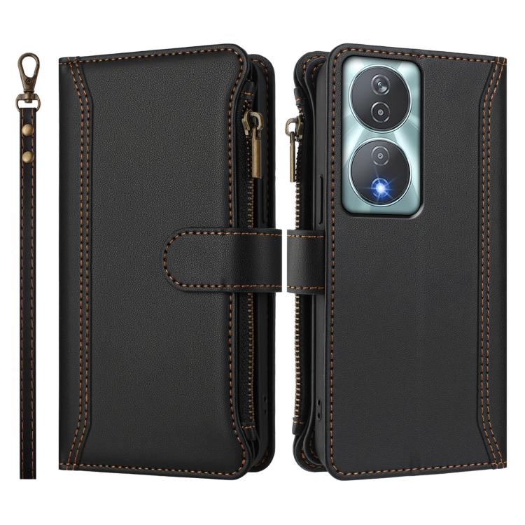 For Honor 90 Smart 5G Global Magnetic Closure 9 Card Slots Zipper Leather Case with Hand Strap