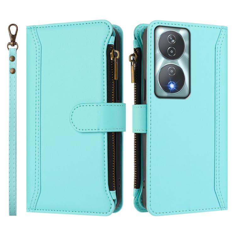 For Honor 90 Smart 5G Global Magnetic Closure 9 Card Slots Zipper Leather Case with Hand Strap