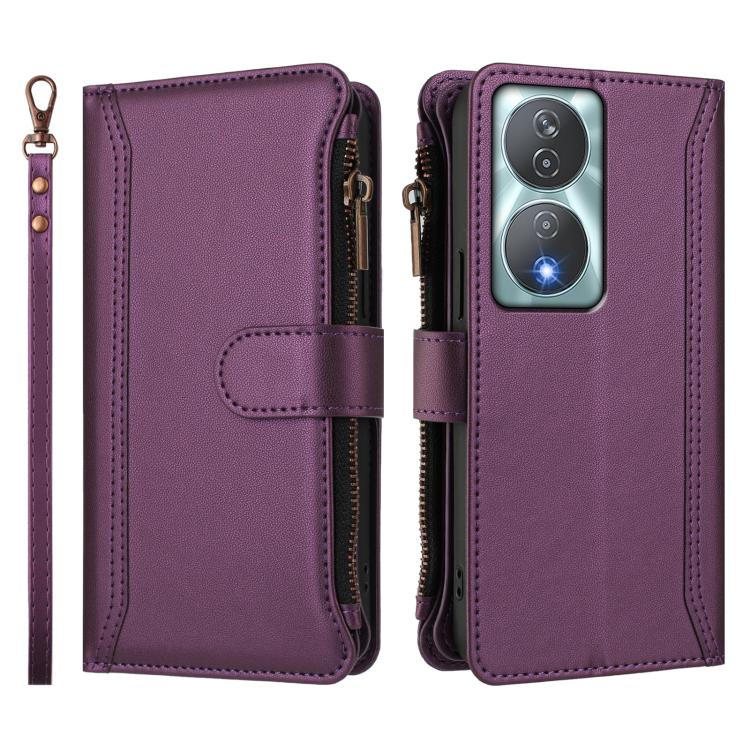 For Honor 90 Smart 5G Global Magnetic Closure 9 Card Slots Zipper Leather Case with Hand Strap