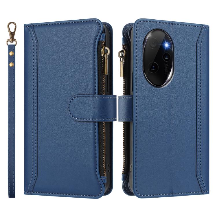 For Honor 100 Pro 5G Magnetic Closure 9 Card Slots Zipper Leather Case with Hand Strap